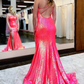 Shiny One-Shoulder Backless Mermaid Long Formal Dress with Slit nv468