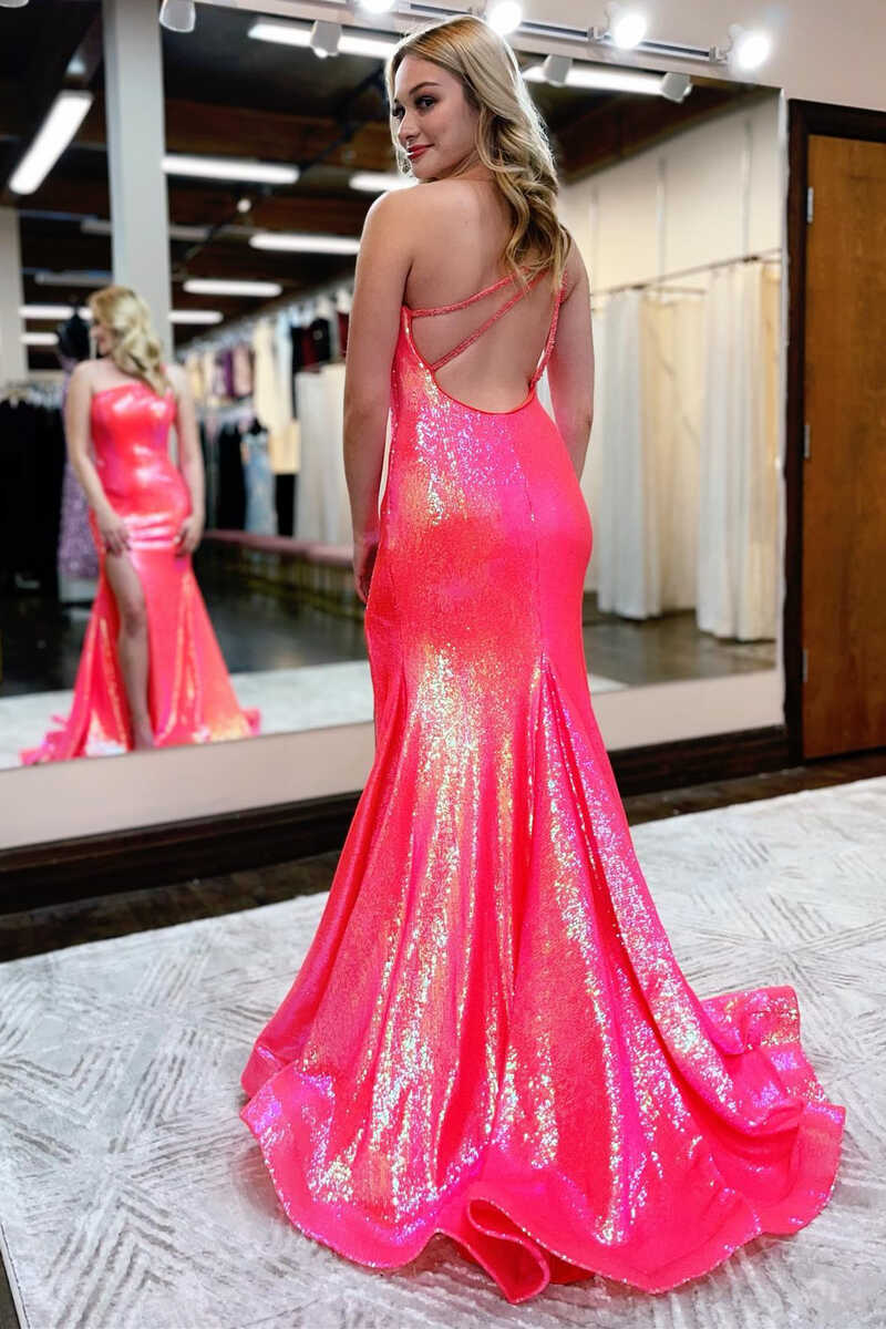 Shiny One-Shoulder Backless Mermaid Long Formal Dress with Slit nv468