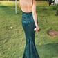 Sparkly V Neck Backless Mermaid Teal Sequin Long Prom Dress nv297