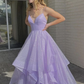 Shiny Sequins V Neck Purple Long Prom Dress Fluffy Purple Formal Evening Dress Sparkly Purple Ball Gown  nv129