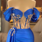 Elegant Blue Off-the-shoulder Sleeveless Beading Prom Dress With Slit nv507