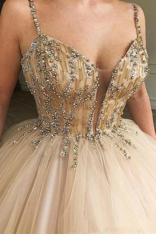 Sparkly Spaghetti Strap Beaded Ball Gown Prom Dress Long Tulle Quinceanera Dresses nv196