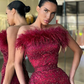 BURGUNDY STRAPLESS MERMAID PROM DRESS SLIT WITH SEQUINS BEADS FEATHER nv375