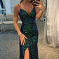 Shiny V Neck Mermaid Backless Green Long Prom Dresses, Mermaid Green Formal Dresses, Backless Green Evening Dresses nv189