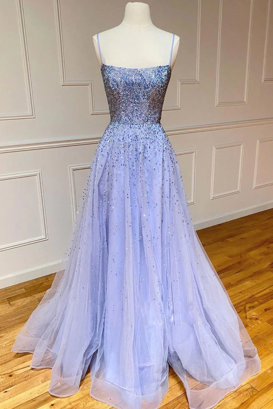 Purple tulle sequin long prom dress sequin evening dress nv819