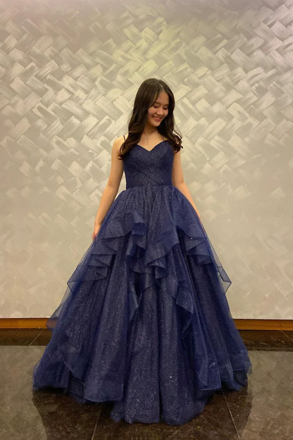 Blue V-Neck Tulle Long Prom Dresses, A-Line Evening Dresses nv431