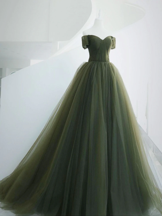 A-Line Sweetheart Neck Green Long Prom Dress, Sweep Train Green Formal Dress nv547