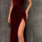 Mermaid Burgundy Velvet Modest Long Prom Dresses With Split Evening Dress nv445