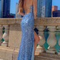 Prom Dresses With Side Slit Spaghetti Straps Blue Sequin Mermaid nv240