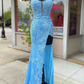 Light Blue Appliques Long Prom Dress with Detachable Feathered Shoulder nv469