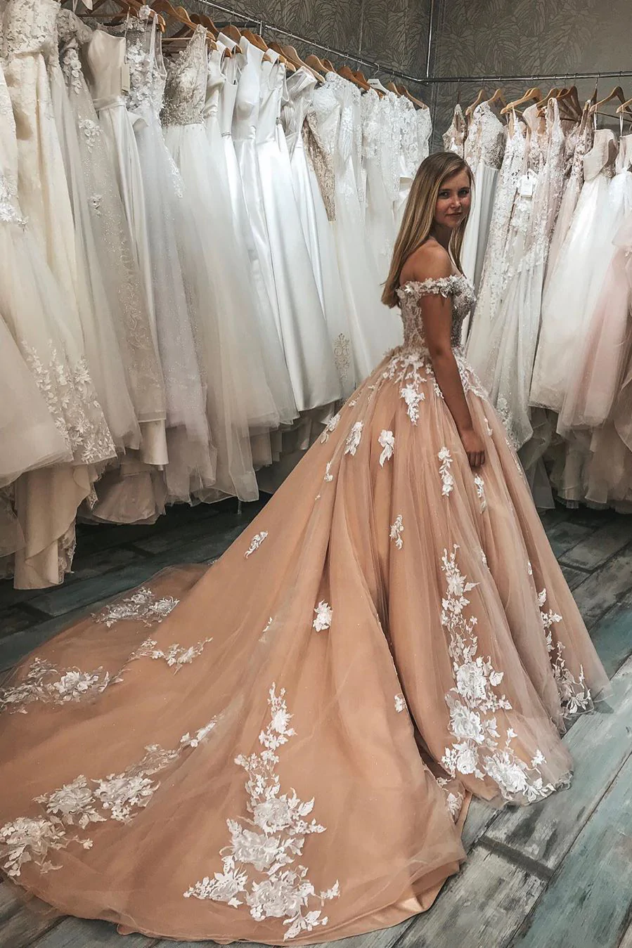 Gorgeous Off the Shoulder Lace Appliques Peach Ball Gown nv287