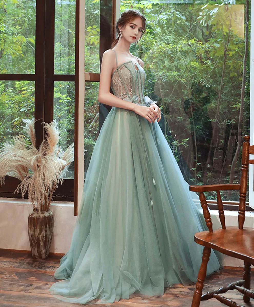 Green Tulle Lace Long Prom Dress Green Lace Tulle Formal Dress nv543
