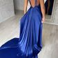 Classic Royal Blue Deep V Neck Slit Prom Dresses Mermaid Long Evening Gowns nv511