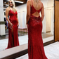Red Sequin Spaghetti Straps Mermaid Long Formal Dress with Slit nv230