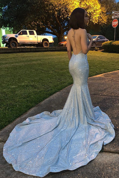 MERMAID DEEP V-NECK HALTER CHAPEL BACKLESS PAILLETTE PROM DRESS nv361