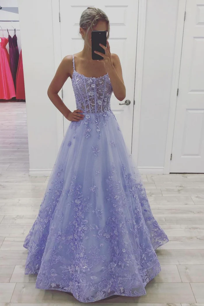 Purple Tulle Long A-Line Prom Dress, A-Line Backless Evening Party Dress nv813