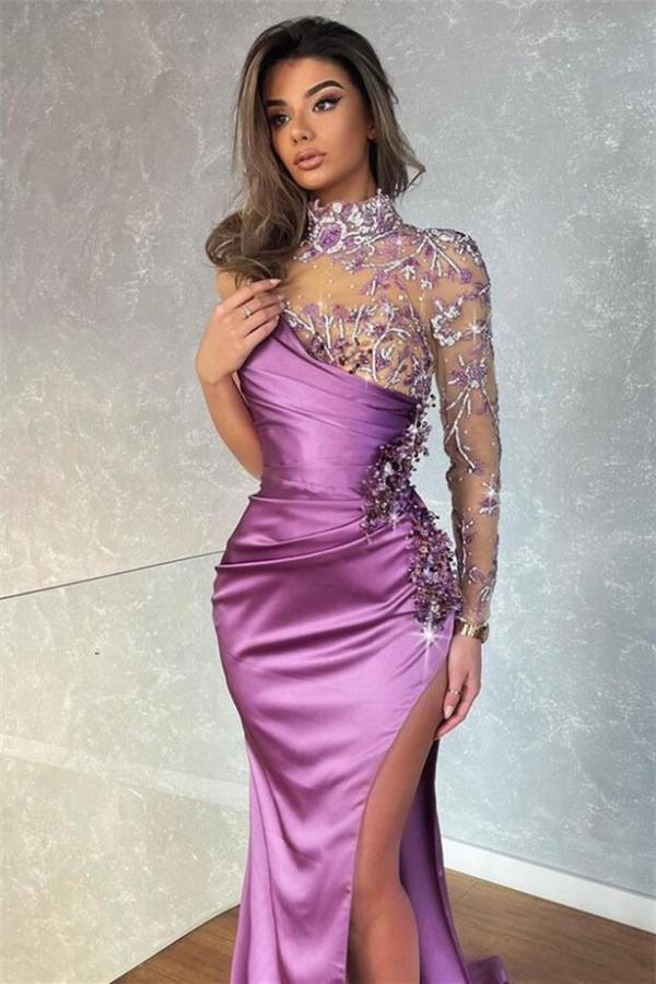 Modern Long Glitter Long Sleeves Mermaid Prom Dress With Slit  nv372