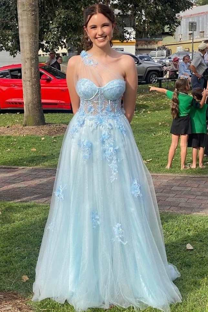Fairy-Tale Light Blue Sweetheart A-Line Prom Dress with 3D Floral Lace nv818