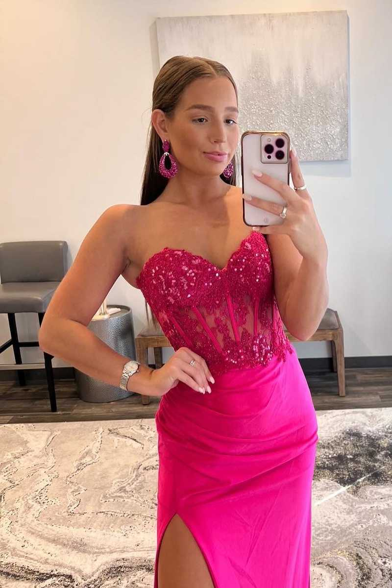 Sweetheart Corset Lace Hot Pink Long Prom Dress with Slit nv345