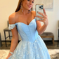 Off Shoulder Light Blue Lace Long Prom Dresses, Light Blue Lace Formal Graduation Evening Dresses  nv259