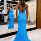 Charming Mermaid V Neck Blue Lace Sequins Long Prom Dresses nv349