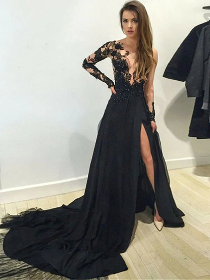 A-line Long Sleeves V-neck Split Floor-length Lace Appliques Prom Dresses nv485