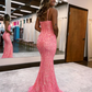 Charming Mermaid Straps Coral Sequins Lace Long Prom Dresses nv347