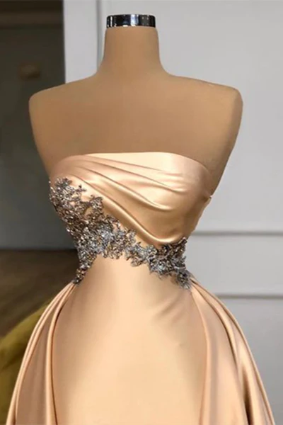 CHAMPAGNE STRAPLESS OVERSKIRT PROM DRESS LONG WITH CRYSTALS nv358