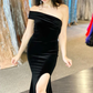 Mermaid Side Slit Black One Shoulder Velvet Prom Gown nv346