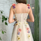 Champagne Tulle Tea Length Formal Dress with Flowers, Champagne Prom Dress nv525