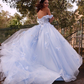 Blue Tulle Off Shoulder Applique Sweep Train Ball Gown Dress nv216