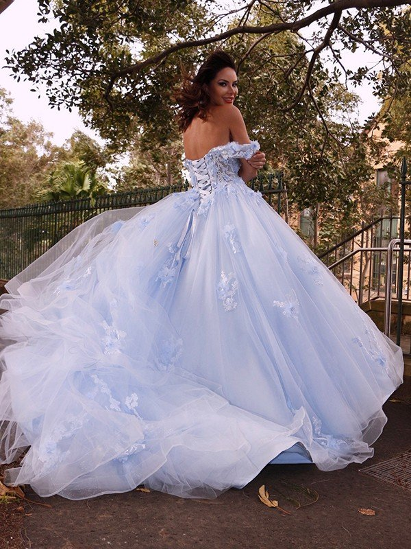 Blue Tulle Off Shoulder Applique Sweep Train Ball Gown Dress nv216