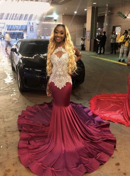 Mermaid Burgundy Prom Dress With Lace, Charming Prom Dress nv481