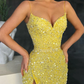 Gorgeous Yellow Sequins Prom Dress Mermaid Split Long Evening Party Gowns  nv139