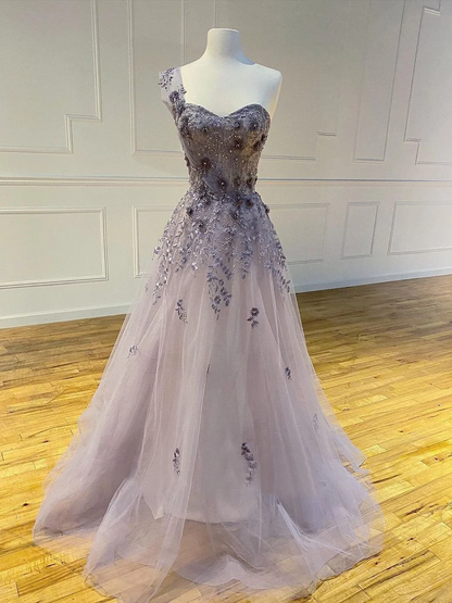 One Shoulder Long A-line Lace Appliques Beaded Prom Dresses nv820