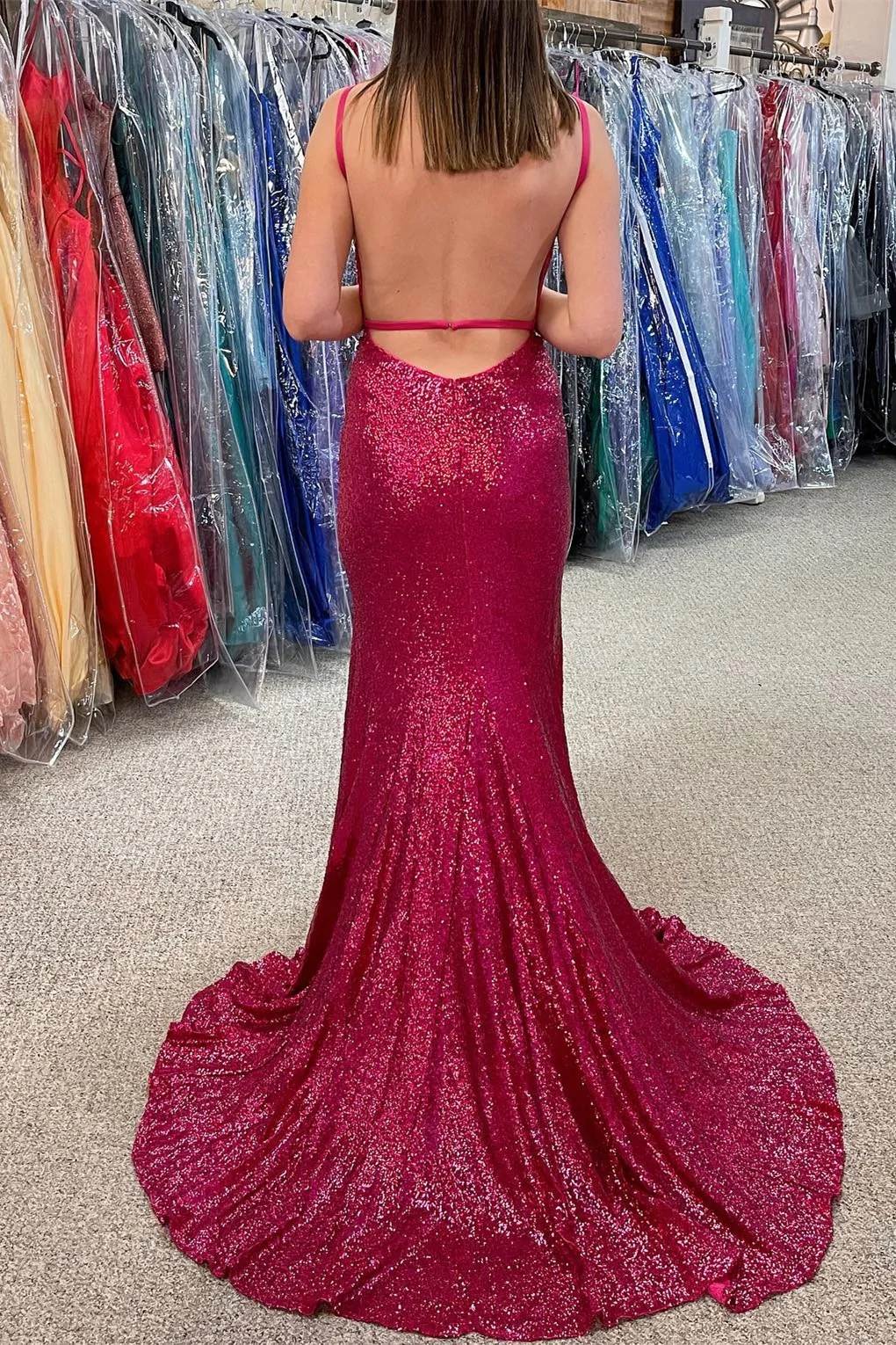 Fuchsia Sequin Mermaid Long Prom Dress with Slit nv337