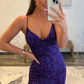 Women's Spaghetti Straps Purple Sequins Sparkly Prom Dress with Slit, V Neck Mermaid Purple Formal Graduation Evening Dresses nv321