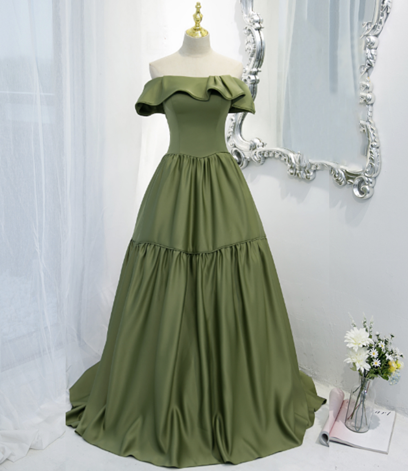 Green satin long A line prom dress green evening dress nv544