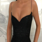 Black Sheath Spaghetti Straps Open Back Sequins Prom Dresses nv133