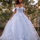 Blue Tulle Off Shoulder Applique Sweep Train Ball Gown Dress nv216