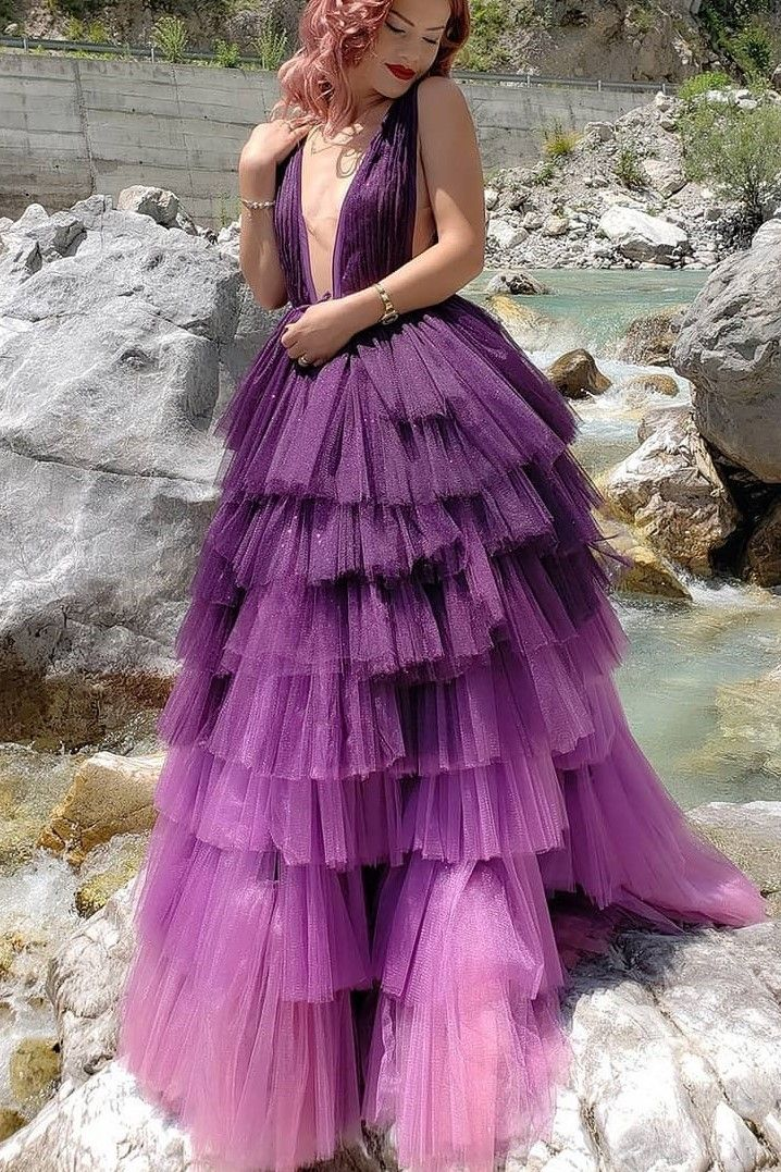 Purple Tiered Tulle Skirt Prom Dresses Deep V-neckline Sexy Evening Dresses nv559