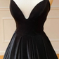 A Line V Neck Backless Black Velvet Long Prom Dresses, V Neck Black Formal Dresses, Black Velvet Evening Dresses nv424