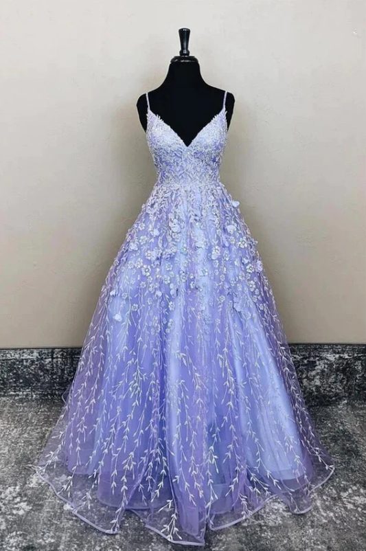 Purple Tulle A-line Long Prom Dresses, Evening Dresses With Lace Appliques nv816