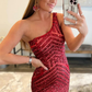 Dark Red One Shoulder Sequined Mermaid Prom Dress nv223
