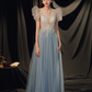 Gray Blue V Neck Tulle Sequin Long Prom Dress, Gray Blue Evening Dress nv422