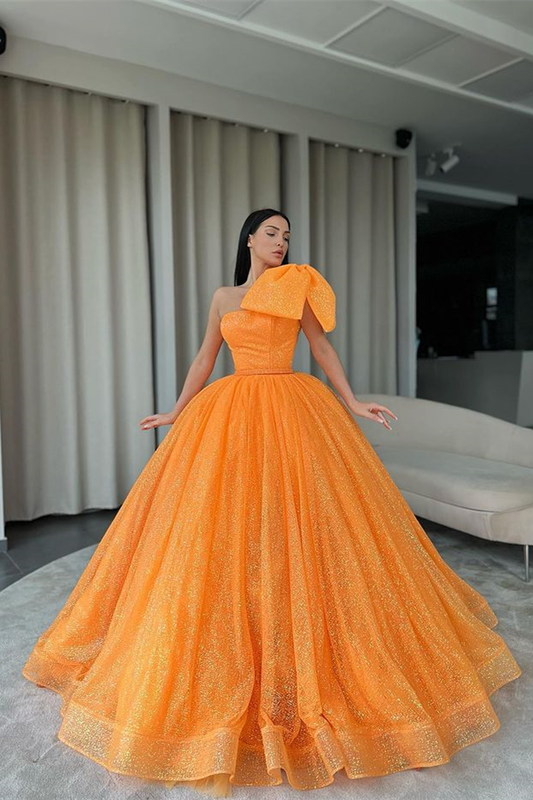 Bellasprom Ball Gown Orange Prom Dress Sequins With Bowknot One Shoulder nv558