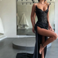 Unique Black Special Strapless High-split Lace-up Sequined Prom Dress nv149