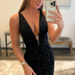 V Neck Mermaid Black Lace Long Prom Dress, Mermaid Black Formal Dress nv402