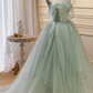 Green Tulle Beaded Ball Gown Off Shoulder Party Dress, Green Sweet 16 Dress nv548