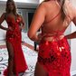 Red Cut Glass Mirror Lace-Up Long Prom Gown with Slit nv238